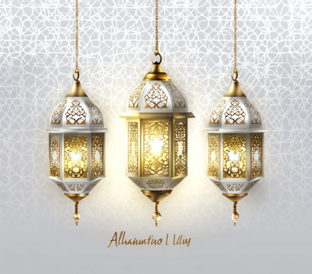 Ramadan Kareem vector illustration with Islamic ornament and lantern for Ramadan background, in white, gold color, and Arabic calligraphy of "Ø§ÙØ­ÙØ¯ ÙÙÙ" (Alhamdulillah). Acclaimed Islamic geometric pattern design with traditional elegant lighting lamp decoration symbolizing the holy month of Ramadan on an isolated transparent PNG or blank solid background. --ar 17:15 --v 6.1 Job ID: 31c998eb-dd8c-466e-9d34-6a681a504c6bの素材