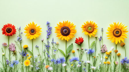 Vibrant sunflowers and colorful wildflowers on a green background with copy space, suitable for a banner design. Autumnal floral composition. Top view. Flat lay. --chaos 30 --ar 16:9 --v 6.1 Job ID: 1235a587-4873-4377-934f-57685951ea54の素材
