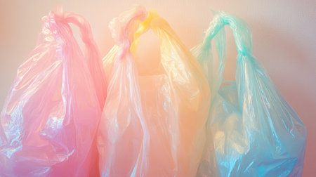A close-up of an iridescent white plastic bag, its surface reflecting rainbow light in the sunlight. The focus is on the intricate details and textures that give it depth and realism. In the background is a simple, plain white wall, creating a stark contrast with the vibrant colors of the holographic effect. The composition emphasizes the interplay between light and shadow to highlight the unique features of the material. White aesthetic, hyper-realistic photography in the style of photorealism. --chaos 30 --ar 16:9 --v 6.1 Job ID: 640fffc3-a1c7-4c39-9b3f-44bc6ab8b3cfの素材
