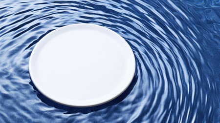 White circular shape on a blue water background with ripples and waves, viewed from above. Abstract summer concept. High-quality photograph. Flat lay style. White circle on the surface of clean water in a swimming pool. --chaos 30 --ar 16:9 --v 6.1 Job ID: 92cccf98-2d6b-4bca-abcd-465ecc49bd31の素材