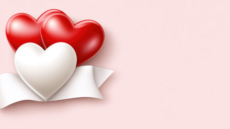 Two shiny white and red hearts on a pink background, in a 3D illustration style, with a banner and copy space area on the right side. --chaos 30 --ar 16:9 --v 6.1 Job ID: fdde6b56-0038-4719-b9d8-3533d4b0f1e6の素材