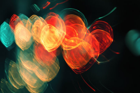 Blurred hearts on a black background, with colorful lights. --ar 3:2 --v 6.1 Job ID: 843552b3-ba92-4950-8a39-cfdb51babec9の素材