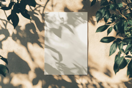 Top view of a vertical blank white paper mockup on a pastel beige wall with shadows from tree leaves, in natural light. Mock-up template for design presentation and print work. --ar 3:2 --v 6.1 Job ID: 07ee71e5-4973-43b3-adb7-f46a03e558deの素材