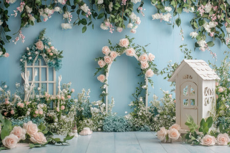 A wall backdrop for photography, with soft blue and pink colors, featuring a fairy garden theme. The backdrop includes small white wooden arches, rose garlands, green plants, and soft, fluffy flowers on the floor, as well as a small wooden house. --ar 3:2 --v 6.1 Job ID: 77580c41-3a62-45f9-8d57-25ed54c67e70の素材
