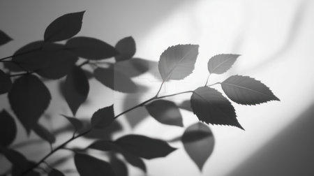 Shadow of leaves on a white background, blurred, in gray tones. --chaos 30 --ar 16:9 --v 6.1 Job ID: b30708ee-b1de-4ca3-98b5-57ee62af62ffの素材