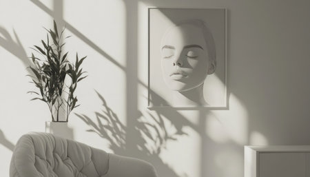 White living room interior mockup with an armchair, a plant, and a cabinet on a white wall background. Minimal home design of a modern apartment in the style of Scandinavian style with copy space for product presentation. --ar 79:45 --v 6.1 Job ID: 00851294-a5df-4d08-903d-12065fb6522aの素材