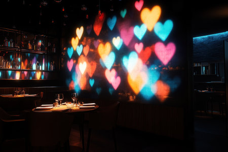Blurred hearts on a black background, with colorful lights. --ar 3:2 --v 6.1 Job ID: 843552b3-ba92-4950-8a39-cfdb51babec9の素材