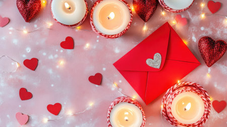 Valentine's Day concept, with a red envelope and gift box on a pink background with hearts and candles. Valentine's Day banner template design. Love letter mockup for a card, poster, or presentation. Flat lay, top view, copy space, award-winning, detailed shot on a Sony Alpha camera. --chaos 30 --ar 16:9 --v 6.1 Job ID: 56f54733-ba2e-40e6-a71d-c0844e3ee3daの素材