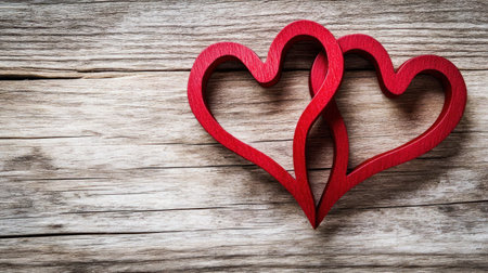 Two red hearts interlaced on a wooden background, with copy space for a concept for Valentine's Day celebration. A banner design with a copyspace area, in a wide composition. High-resolution photography, a stock photo, with professional color grading, soft shadows, low contrast, and clean, sharp focus. --chaos 30 --ar 16:9 --v 6.1 Job ID: 237695bb-184d-4d6e-95a9-50e20faac129の素材
