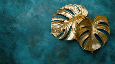 Golden palm leaf and monstera on a dark green velvet background, flat lay top view, copy space banner 4058x2739px. The beauty of nature itself. The contrast between gold and emerald tones creates an atmosphere that is both elegant and timeless. This combination adds sophistication to any design project or promotional material. --chaos 30 --ar 16:9 --v 6.1 Job ID: cb5bf3e3-bbc6-4a86-a160-67d41ea72352の素材