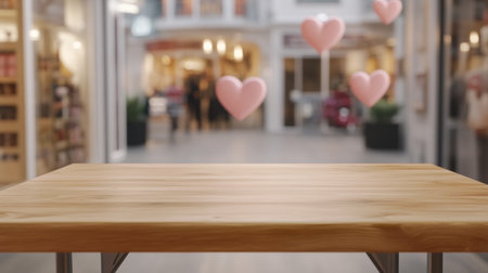 Empty wooden table top with a blurred background of pink hearts for product display and a Valentine's Day concept. Ultra-realistic photography, high-resolution Sony Alpha A7 III, shot in the style of Kodak Gold 400 film. --chaos 30 --ar 16:9 --v 6.1 Job ID: c1890dee-25f7-4073-952f-a5e0a5690b17の素材