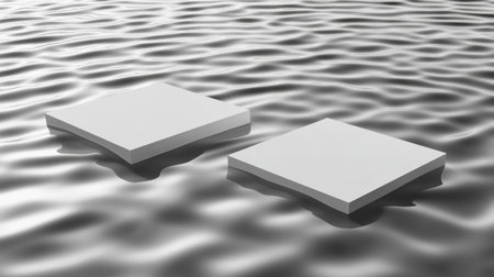 White background with two white squares, water ripples, and shadows. Minimalist style for product presentation mockup design. Close-up. Flat lay. Top view. High-resolution photography. Studio lighting. --chaos 30 --ar 16:9 --v 6.1 Job ID: 59ef439e-eda4-47b1-9585-51ba70f885e4の素材