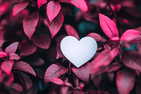 Photo of a white heart-shaped sticker against dark pink foliage, with a blurred background in a clipart style. --ar 3:2 --v 6.1 Job ID: 3bdc06c7-a55c-4a4d-945a-68a51aacd838の素材