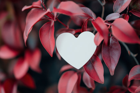 Photo of a white heart-shaped sticker against dark pink foliage, with a blurred background in a clipart style. --ar 3:2 --v 6.1 Job ID: 3bdc06c7-a55c-4a4d-945a-68a51aacd838の素材