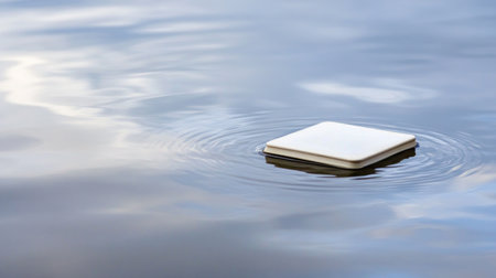 Photo of a white square floating on water, with ripples around it. Web banner with copy space on the right. --chaos 30 --ar 16:9 --v 6.1 Job ID: 1a2dae01-492d-48e3-9a5a-197d87c2c476の素材