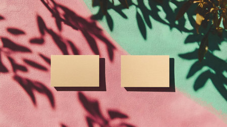 Photo of two blank business cards on a pink and green background with a shadow effect, viewed from above. --chaos 30 --ar 16:9 --v 6.1 Job ID: 8e730d4f-c7a0-435a-bcab-ea15190db46dの素材