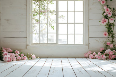 White wooden window with pink roses, white floor and wall background for photography backdrop. --ar 3:2 --v 6.1 Job ID: 01cb9496-6cc0-480b-9c5a-5cf44af8dd5dの素材