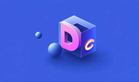 A logo featuring an isometric cube with rounded corners, alongside a blue sphere, and below that, a pink letter "D" with a purple letter underneath it, containing a yellow spiral, all set against a solid blue background. The overall design should convey a sense of innovation while maintaining a simple, clean aesthetic, making it suitable for tech-related branding or marketing materials. --ar 5:3 --v 6.1 Job ID: 1b3d999e-7f4d-47c1-9332-7a94b568b352の素材