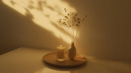 A cozy setting with a candle and dried flowers in vases on the tray, creating an atmosphere of comfort and warmth. The background is a soft beige, adding to the serene ambiance. A warm light illuminates the scene from above, highlighting details like wicker textures or fabric patterns on the furniture. This composition creates a feeling of relaxation and tranquility within a home environment. --chaos 30 --ar 16:9 --v 6.1 Job ID: 451d93c7-4b58-4377-9258-2ab6fee73aafの素材