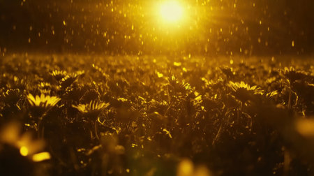 A field of daisies basking in the golden glow of sunrise, their petals illuminated by the warm light. The background is blurred to emphasize the flowers and sunlight, creating an atmosphere of tranquility and joy. High-quality photograph. --chaos 30 --ar 16:9 --v 6.1 Job ID: f2be42e2-5f79-4489-8e05-d9818af71ba0の素材