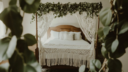 White boho bedroom with macrame, plants, and natural sunlight. A view of the bed from behind through the plants. --chaos 30 --ar 16:9 --v 6.1 Job ID: fe40c4d8-a0bd-484f-a80a-b397b0245294の素材