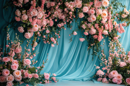 Pink and blue backdrop with numerous pink flowers, large drapes, a romantic setting for a photography studio, photo studio backdrop. --ar 3:2 --v 6.1 Job ID: 06b9842c-d001-432f-a7e8-449fc0b462e4の素材