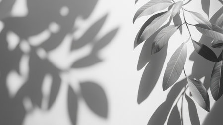 Abstract white background with a soft gray shadow of a leaf and tree branches. Blurred effect for product presentation, mock-up design, banner, or wallpaper. --chaos 30 --ar 16:9 --v 6.1 Job ID: b737f75b-a543-4e71-8c84-8aec543dee0cの素材