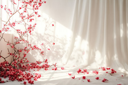 White background, indoor scene, stage with a white gauze curtain hanging on the wall, plum blossoms and red flowers covering half of it, scattered branches covered in red petals, pink light shining through the window, warm color tone, high-definition photography. --ar 3:2 --v 6.1 Job ID: 121cfd20-f106-48db-911f-a94df137a1d7の素材