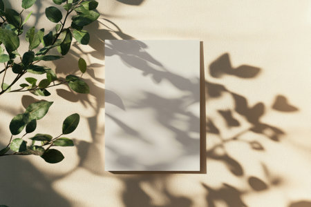 Top view of a vertical blank white paper mockup on a pastel beige wall with shadows from tree leaves, in natural light. Mock-up template for design presentation and print work. --ar 3:2 --v 6.1 Job ID: 07ee71e5-4973-43b3-adb7-f46a03e558deの素材