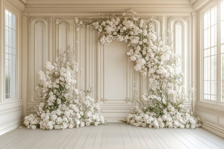 White floral arch wall backdrop for photography, large flowers on the floor, cream wooden paneled walls, floor-to-ceiling windows on one side, elegant and timeless style, photorealistic, highly detailed photo. --ar 3:2 --v 6.1 Job ID: 2fd72ca2-5aae-4b8f-8b15-e171775e19c2の素材