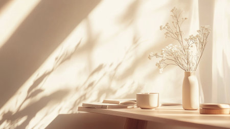 A delicate vase with spring flowers on the kitchen counter, a candle, and some decorative elements in soft beige tones. The background is blurred to highlight the details of the home decor. High-resolution photography. in the style of Unsplash. --chaos 30 --ar 16:9 --v 6.1 Job ID: 99a4ac16-c41c-48c3-924d-a06c08fc6b6dの素材