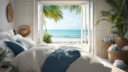 A coastal-themed bedroom with white and blue accents, featuring an open door leading to the beach. The bed is neatly made in light-colored linens, surrounded by plush pillows and throw blankets. A palm tree outside creates a tropical atmosphere. In front of it lies a straw basket filled with sunscreen bottles and sunglasses. This scene captures the essence of summer and relaxation under clear skies. --ar 53:30 --v 6.1 Job ID: b8365d1d-1b76-4d14-bee0-905d2c8a8873の素材
