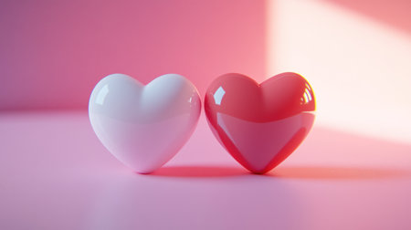 Two shiny white and red hearts on a pink background, in a 3D illustration style, with a banner and copy space area on the right side. --chaos 30 --ar 16:9 --v 6.1 Job ID: fdde6b56-0038-4719-b9d8-3533d4b0f1e6の素材