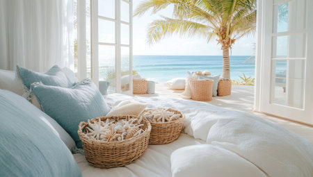 A coastal-themed bedroom with white linens, blue and light gray pillows, beach decor, and an ocean view through the windows. The bed is neatly made with soft, fluffy bedding. In front of it lie some decorative straw baskets filled with small seashells and starfish. A palm tree outside shines in the sunlight. The room exudes a sense of relaxation and vacation. --ar 53:30 --v 6.1 Job ID: b8d1caba-b1d7-416d-8cf8-2cce57523dbdの素材
