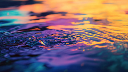 A close-up of oil in water, with vibrant colors and intricate patterns forming on the surface. The background is blurred to focus attention on the colorful mix of blue, purple, and yellow hues, creating an abstract and artistic representation of oil pollution in the style of an impressionist painter. --ar 53:30 --v 6.1 Job ID: c8a7cb77-63fe-4312-99a7-212c675aba51の素材