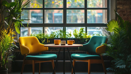 A photograph of an office meeting area with two high-backed chairs and one bench seat, surrounded by plants, featuring yellow accents on the table and green fabric seating. The focus is sharp, capturing details like coffee cups and sunlight filtering through the windows. A cozy atmosphere emerges in this professional setting. --ar 53:30 --v 6.1 Job ID: 4221dd9d-5e67-44dc-90aa-3ca13ff02118の素材