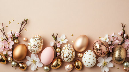 A horizontal Easter banner with delicate pink and gold eggs, flowers, and decorations on the bottom against a soft beige background. The composition is balanced for e-commerce product images. A minimalist design suitable for online advertising, in the style of Ebara, decorated with cherry blossoms, Easter elements, and delicate golden pearls. Soft lighting creates an atmosphere of celebration. High-resolution, professional photography. Studio lighting. Shot using a Hasselblad camera, ISO 50. Professional color grading. Clear, sharp focus. --chaos 30 --ar 16:9 --v 6.1 Job ID: b25e86b4-9390-4c56-8998-1e9ca6bed691の素材