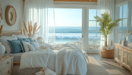 A coastal-themed bedroom with white and blue accents, featuring an open window overlooking the ocean, beach decor, and a comfortable bed with soft linens. The room is bathed in natural light from large windows, creating a serene atmosphere for relaxation and vacation time. The room includes a beach scene, palm tree, beach accessories, and sea shell decorations. --ar 53:30 --v 6.1 Job ID: 904dd359-0cb0-48c8-93d6-8d8288331db6の素材