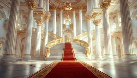 A grand, white and gold palace hall stands tall, with a red carpet adorning the ground. Towering white columns surround the structure, leading to a central staircase that ascends to the upper floors. The room is filled with a bright, luminous light, creating a symmetrical and grandiose composition. The architectural design is intricate and detailed, exuding a cinematic feel. The image is rendered in high resolution, utilizing the Unreal Engine to achieve a hyper-realistic appearance. --ar 53:30 --v 6.1 Job ID: c133b695-426a-4db9-967c-bc30738f4e43の素材