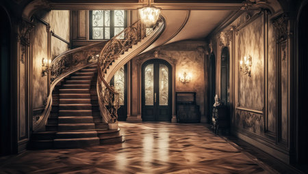A grand, elegant interior design of an old-money-style mansion with intricate details and soft lighting. The entrance features a spiral staircase leading to the upper floor. There is parquet flooring in light wood tones with subtle patterns, complemented by ornate wall moldings and ceiling details. A mix of classic and modern decor elements creates sophistication. The ambiance reflects opulence and luxury. --ar 53:30 --v 6.1 Job ID: da4dcb11-85c5-45a2-84dd-097c52f8ecfeの素材