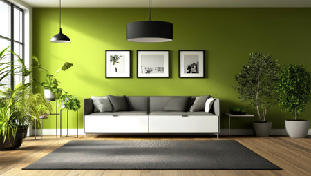 A green wall in the living room, with a grey sofa and a white cabinet near it, a gray carpet on the wooden floor, a black lamp hanging from the ceiling, framed pictures on the walls, plants on side tables, a modern interior design style. --ar 53:30 --v 6.1 Job ID: 788bfcd3-b51c-4940-a31a-ed3d7461b7c3の素材