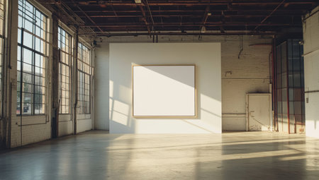 A large white wall in an empty warehouse with high ceilings and large windows, with sunlight streaming through the windows onto the floor. The space is clean and minimalist, perfect for showcasing artwork or photography. A square blank canvas hangs on one of the walls, ready to be painted by artists who will add color and life to it. In the background, there's another open door leading outside, adding depth to the scene. This is a great setting for artistic events or photoshoots that need a neutral backdrop. --ar 53:30 --v 6.1 Job ID: fdb58cdc-0701-48ca-a246-03a73fe055ffの素材