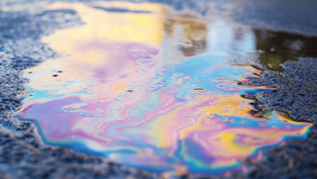 A close-up of an oil slick on water, with vibrant colors and intricate patterns created by the flowing liquid. The background is blurred to emphasize the vivid hues of blue, purple, pink, yellow, and orange in various parts of the puddle. --ar 53:30 --v 6.1 Job ID: f2021ed5-6ba2-4470-9cf8-91cf18d007b0の素材