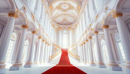 A grand white palace hall with tall, slender columns and intricate golden accents, featuring red-carpeted staircases leading to the upper floors. The scene is bathed in bright sunlight, creating long shadows that accentuate its opulent design. The white walls and high ceilings add an air of luxury, while the gold details bring out the rich texture of each element. --ar 53:30 --v 6.1 Job ID: af912ca2-7bcf-4bc1-85ea-1cb872d85cc6の素材