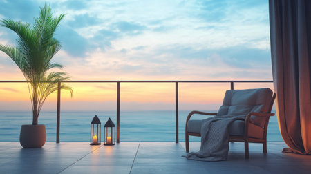 A cozy balcony with an armchair, soft cushions, and blankets, lanterns lighting up the space at dusk, creating a serene atmosphere for relaxation and contemplation. The warm glow of candles adds to its inviting ambiance. High-quality photo. --chaos 30 --ar 16:9 --v 6.1 Job ID: a535dbd4-0a69-4991-b73f-9db614f9cb6bの素材
