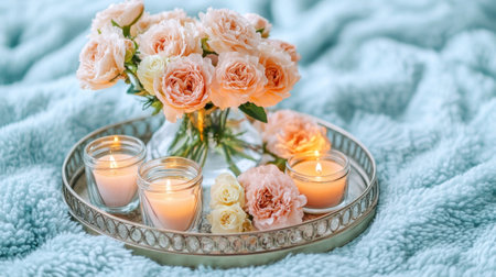 A cozy and inviting setting with candles, flowers in vases on a coffee table tray, soft pastel colors, creating an atmosphere of comfort and relaxation for product photography. --chaos 30 --ar 16:9 --v 6.1 Job ID: eb122d1a-7a1d-4b81-9528-5f733b2184cdの素材