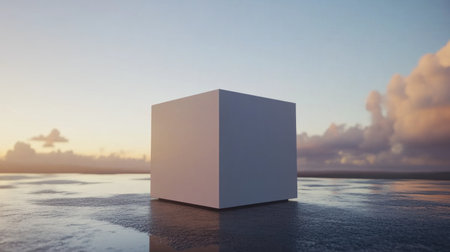 A large white square podium stands in an empty room with a concrete floor and blank wall background. The podium is illuminated by bright lights, creating a strong contrast between the shadow of its base and the light from above. This setup creates a sense of space that emphasizes minimalism. --chaos 30 --ar 16:9 --v 6.1 Job ID: f248cdb0-60d2-4fab-96f2-3af34b584452の素材