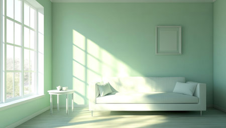 A light blue living room with a sofa and side table, featuring a simple decorative style. The walls are a light green, showcasing a minimalist interior design. The room is filled with bright, natural lighting, with a window allowing sunlight to shine in from the left, creating a calm atmosphere. The overall aesthetic is a modern home decor with a fresh color scheme. --ar 53:30 --v 6.1 Job ID: e80f4241-0502-4714-9eef-318e09465cc6の素材