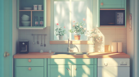 A kitchen with light green cabinets and a wooden countertop, featuring an elegant white window over the sink that reflects sunlight. The style is a realistic rendering of the interior design, with a focus on natural lighting and a blurred background. This image conveys a sense of tranquility in everyday life. --chaos 30 --ar 16:9 --v 6.1 Job ID: 503c838f-d7d2-4735-96b6-ee7b36e2889fの素材