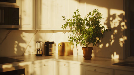 A kitchen with white cabinets, plants on the countertop, and sunlight shining through the window. The background is white marble walls. A pot of green plant stands next to it. There were some cooking utensils such as wooden utensils and coolers in front of them. --chaos 30 --ar 16:9 --v 6.1 Job ID: af75dadc-ef71-47c0-bdd9-0bc8cb3395ebの素材